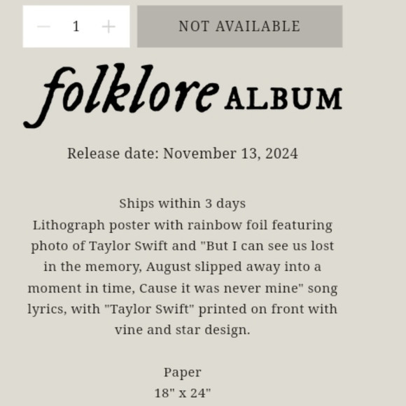New Taylor Swift Folklore Foil Lithograph - Picture 4 of 5